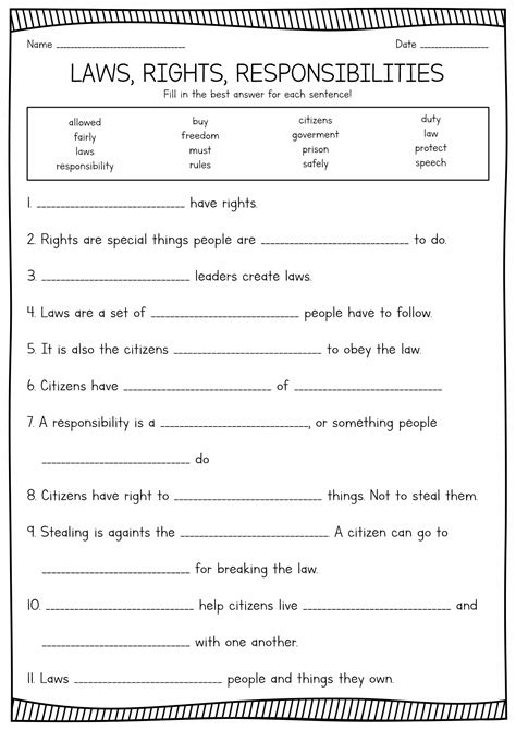 rights and responsibilities worksheet 4th grade